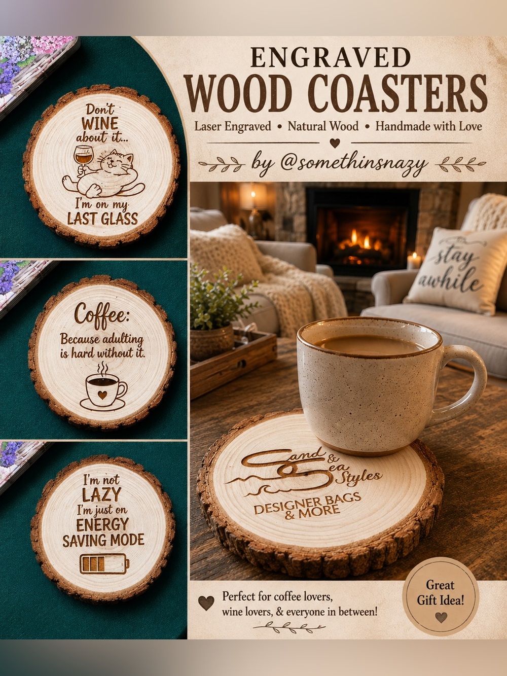 Tree Slice Natural Wood engraved coasters set of 4 your choice